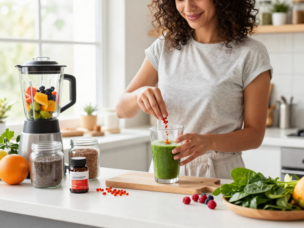 Astaxanthin Canada smoothie preparation with fresh ingredients and supplements in a bright kitchen.