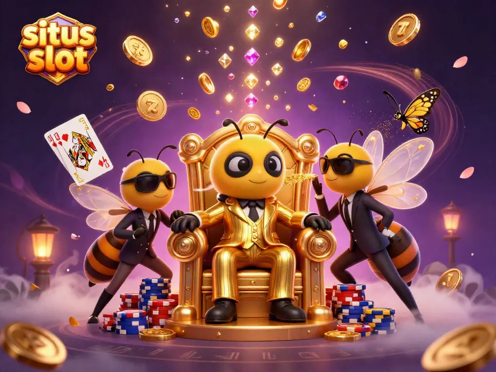 Spin the reels on situs slot with a bumblebee mob boss amidst golden coins and vibrant casino elements.