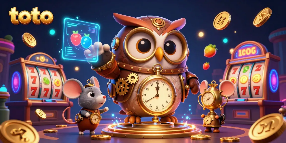 Engaging scene with toto-themed casino elements showcasing a time-traveler owl and a clockwork mouse amidst spinning slot reels and gold coins.