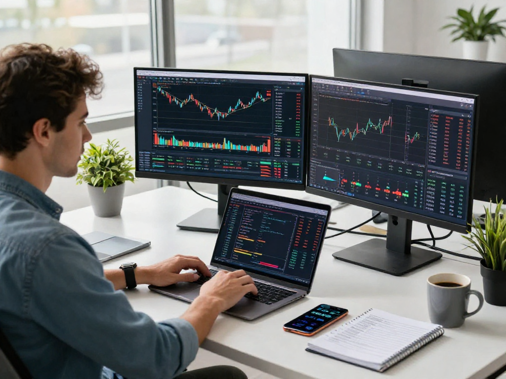 使用MetaTrader 5进行交易的专业交易者在现代办公桌前,显示市场深度和价格图表,创造专注而放松的氛围。