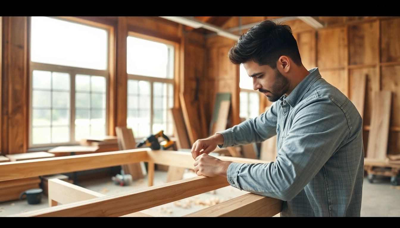 Engaged in carpentry apprenticeship, a trainee measures wood in a sunny workshop.