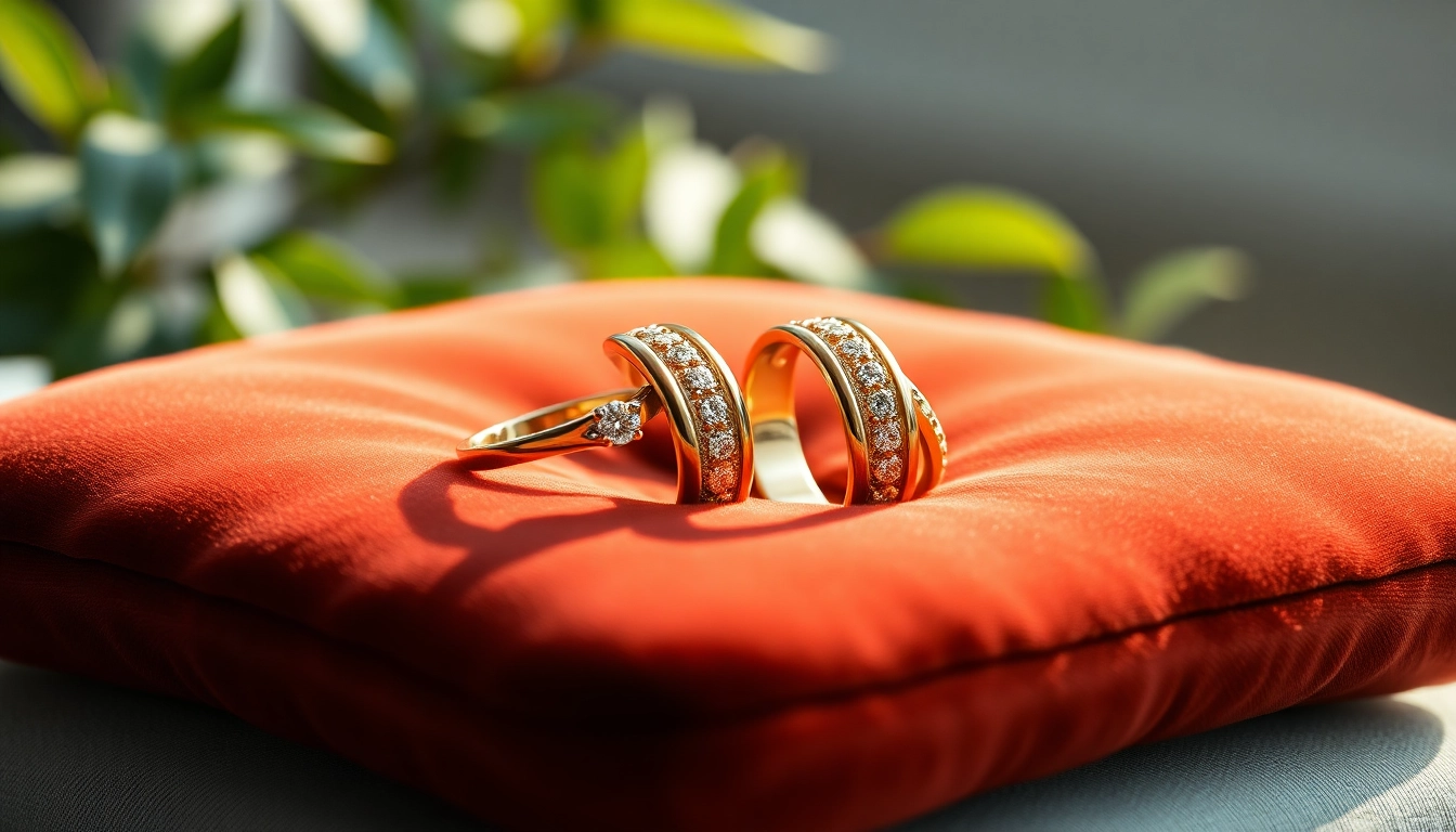 Admiring beautiful couple rings glimmering on a velvet cushion, an embodiment of love.