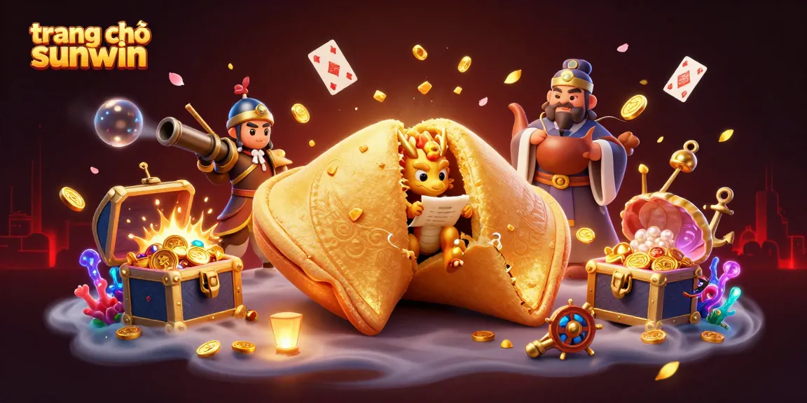 Engage with a vibrant illustration showcasing the trang chủ sunwin featuring a giant golden fortune cookie and dynamic casino elements.