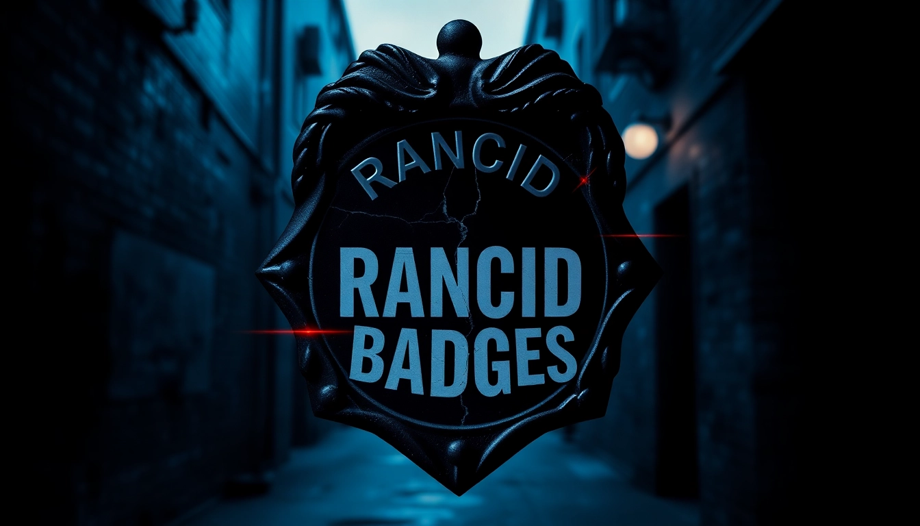 Engaging book cover for Rancid Badges featuring a cracked police badge and dark urban setting.