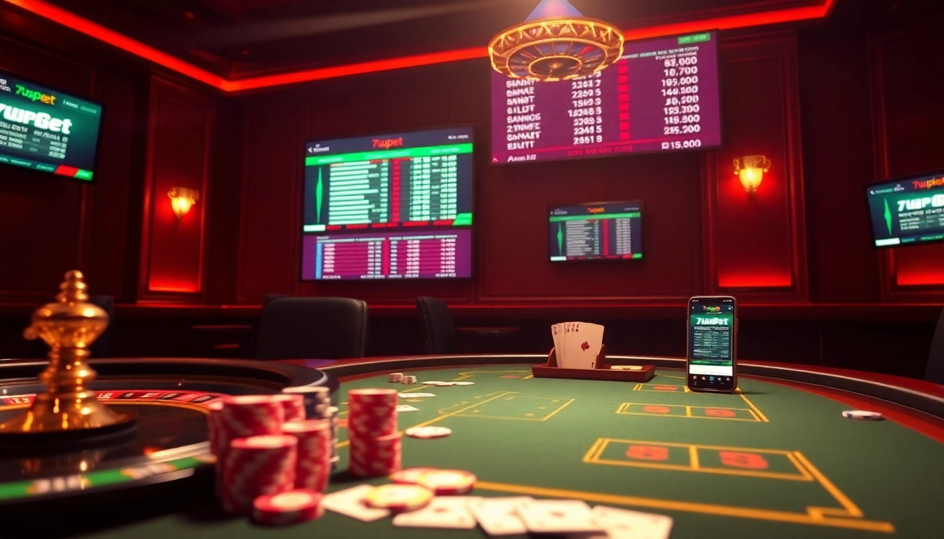 Betting excitement captured through 7upbet's online gambling scene with poker chips and dynamic odds displays.