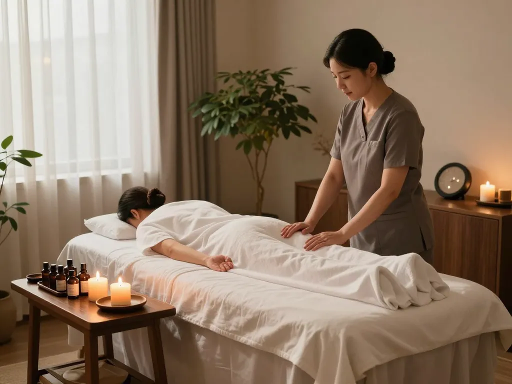 신사동마사지 treatment setup with soothing elements and tranquil ambiance.
