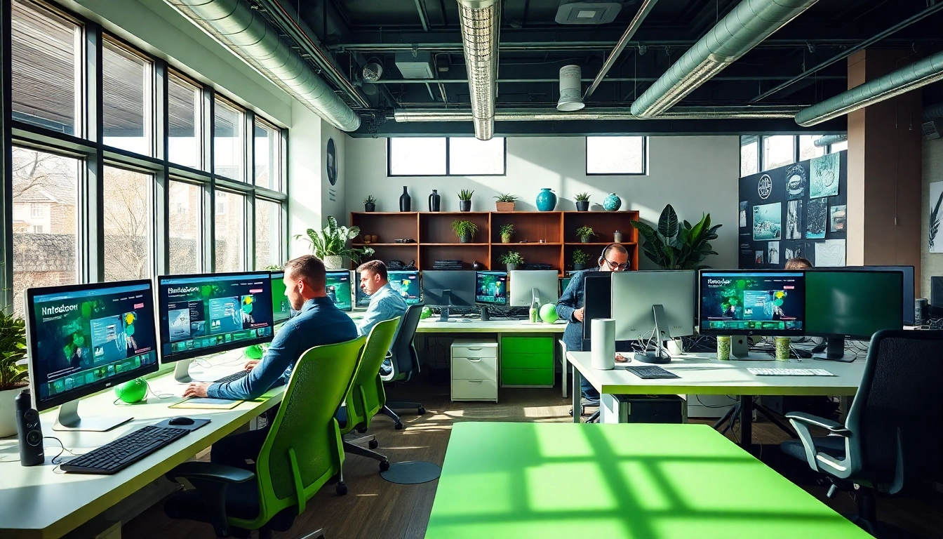 Animated team of proficient Website Designers Hereford collaborating in modern office.