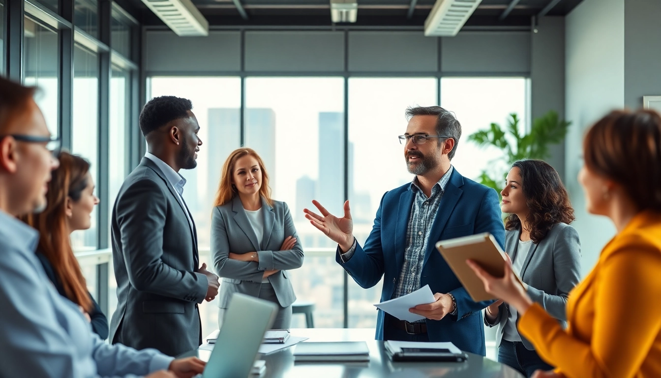 Engage in a business coaching service with professionals discussing strategies in a modern office.