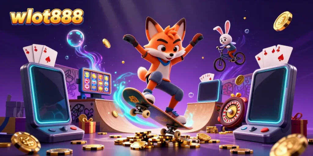 wslot888 menampilkan rubah skateboarding melompat di atas chip poker emas dalam ilustrasi kasino.