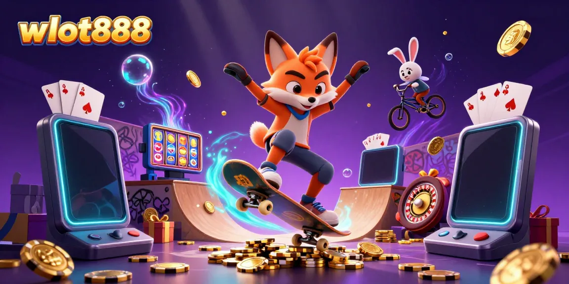 wslot888 menampilkan rubah skateboarding melompat di atas chip poker emas dalam ilustrasi kasino.