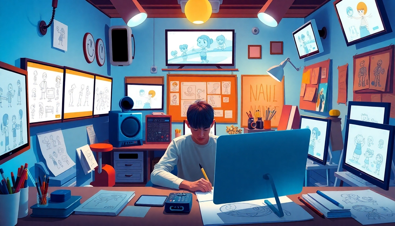 Faszination 2D Animation: Animator bei der Charaktererstellung in inspirierender Umgebung.