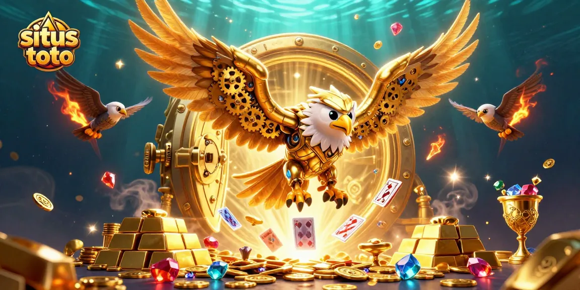 Experience thrilling gameplay at situs toto with a golden eagle surrounded by casino treasures and holographic cards.