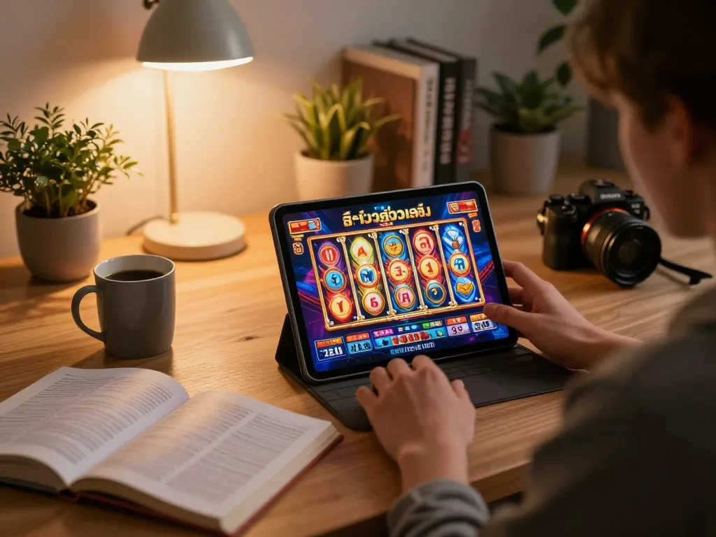 Engaging in สล็อตวอเลท online gaming, showcasing a vibrant user interface on a tablet