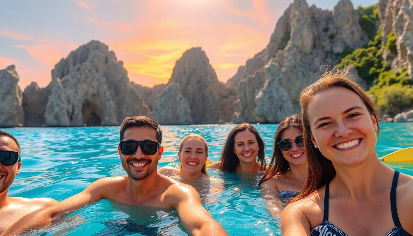 Cabo adventure tours highlight travelers enjoying water activities under a vibrant sunset.
