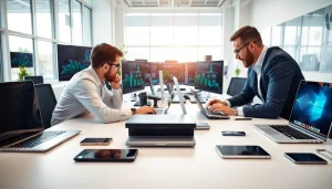 Showcasing technology innovation with diverse devices in a modern workspace.