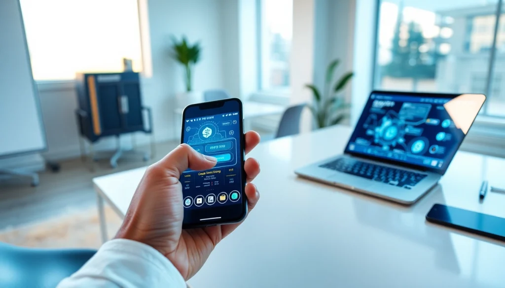 Cloud mining app showcased in a modern office environment with a smartphone and cryptocurrency graphics.