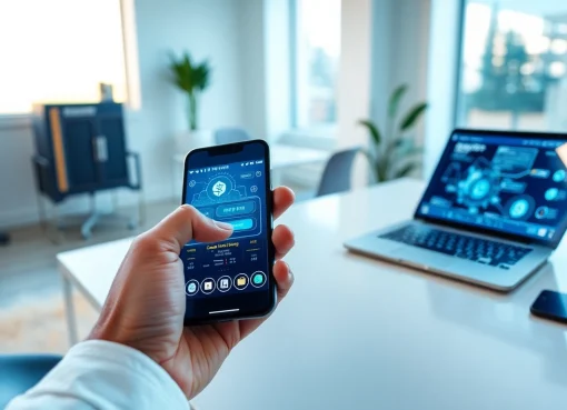 Cloud mining app showcased in a modern office environment with a smartphone and cryptocurrency graphics.