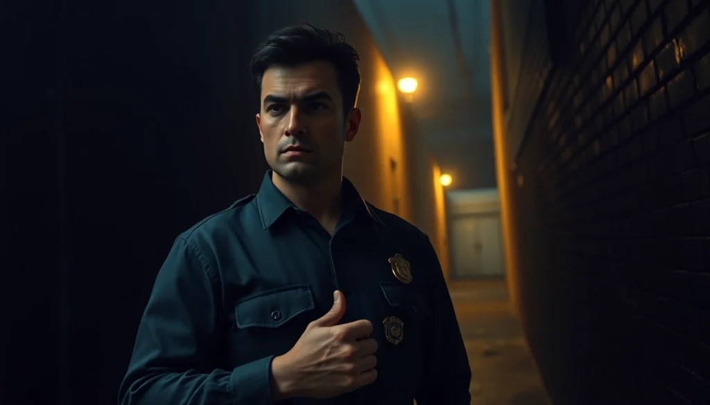 Protagonist from Rancid Badges gripping their badge in a dark, suspenseful alley.