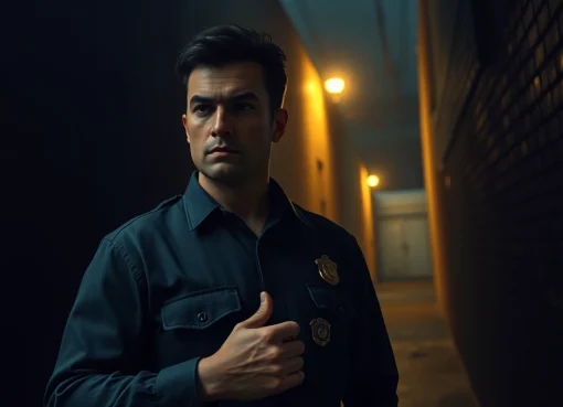 Protagonist from Rancid Badges gripping their badge in a dark, suspenseful alley.