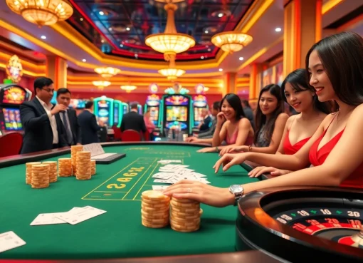 Experience the excitement of gaming action at Trang Chủ XX88 with vibrant casino tables and players.