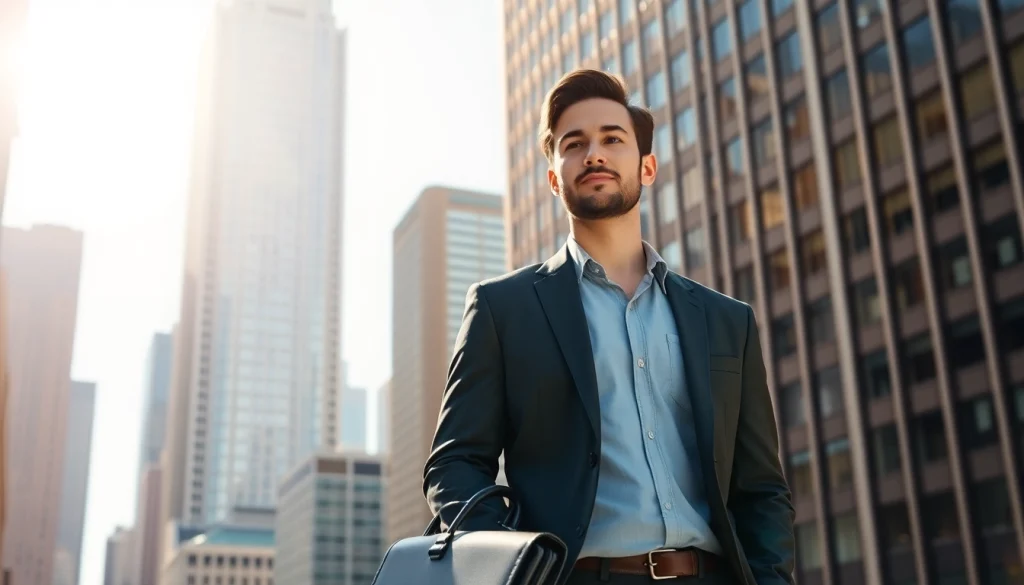Showcasing a confident job seeker amid Chicago's skyline representing Chicago jobs opportunities.