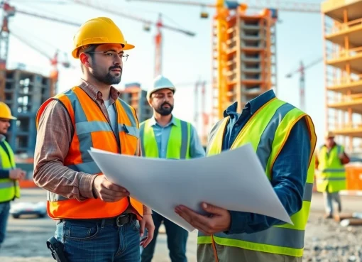 Leading New Jersey Construction Manager overseeing a dynamic construction site with blueprints.