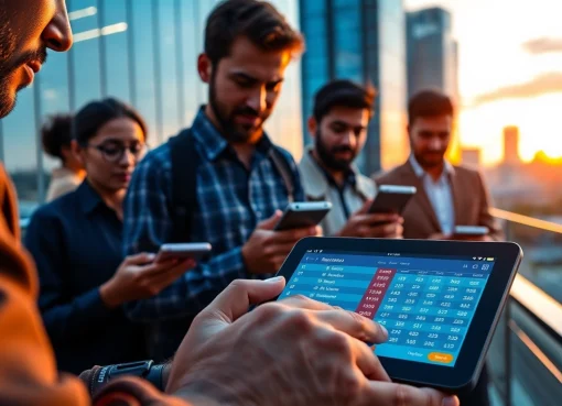 Engaged users exploring sports betting apps India on tablets amidst a lively urban skyline.