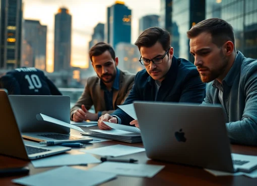 Examining best sports betting sites in Brazil in an urban environment with laptops and city skyline.