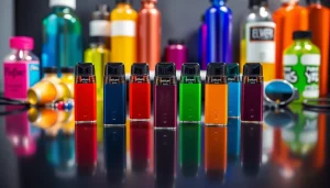 elfbar pods auf einem eleganten schwarzen Hintergrund mit bunten Zubehörteilen arrangiert