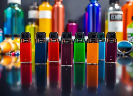 elfbar pods auf einem eleganten schwarzen Hintergrund mit bunten Zubehörteilen arrangiert