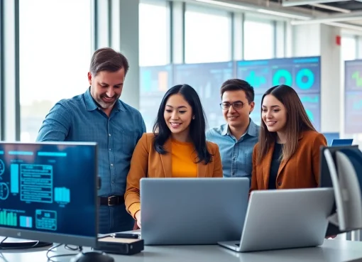 Enhancing Business IT Solutions through teamwork and innovative technology discussion in an office.