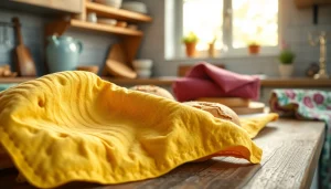 Kaasdoek met kleurrijke prints benadrukt in een zonnige keukenomgeving.