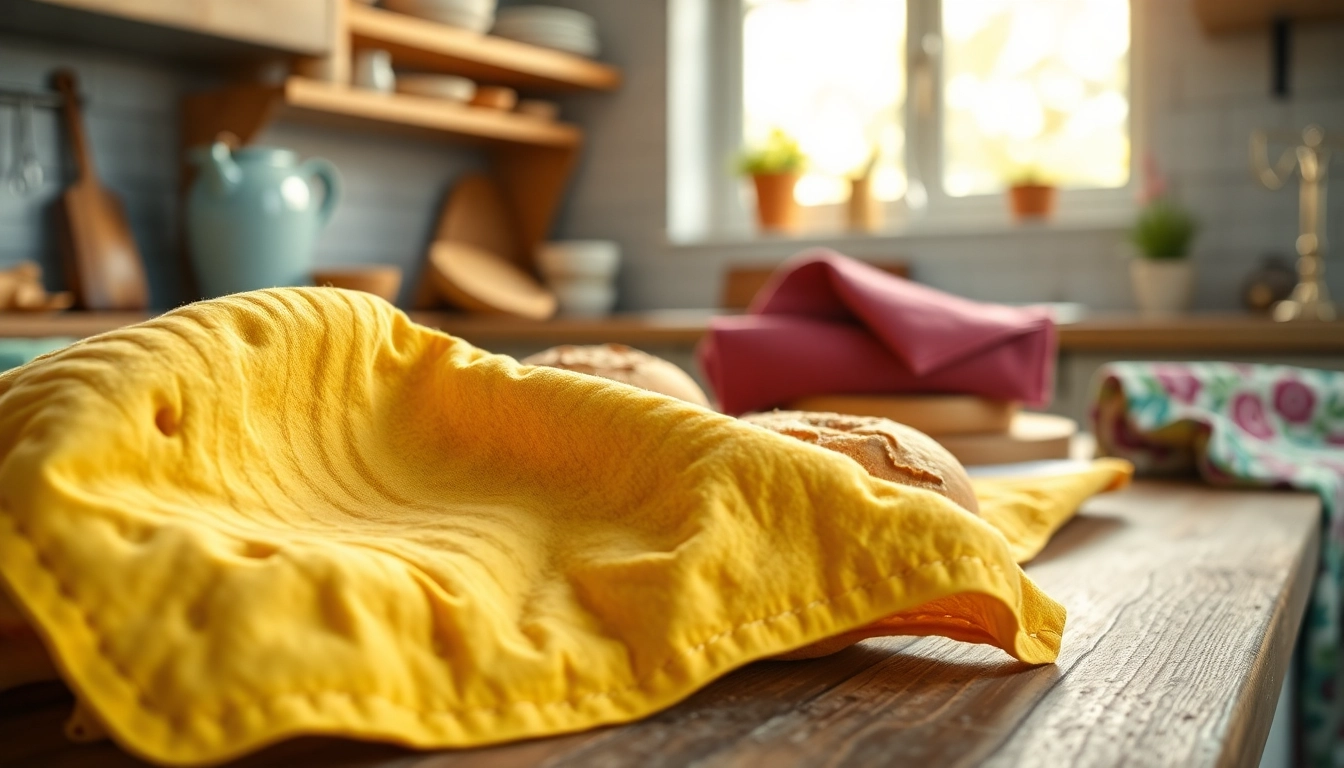 Kaasdoek met kleurrijke prints benadrukt in een zonnige keukenomgeving.