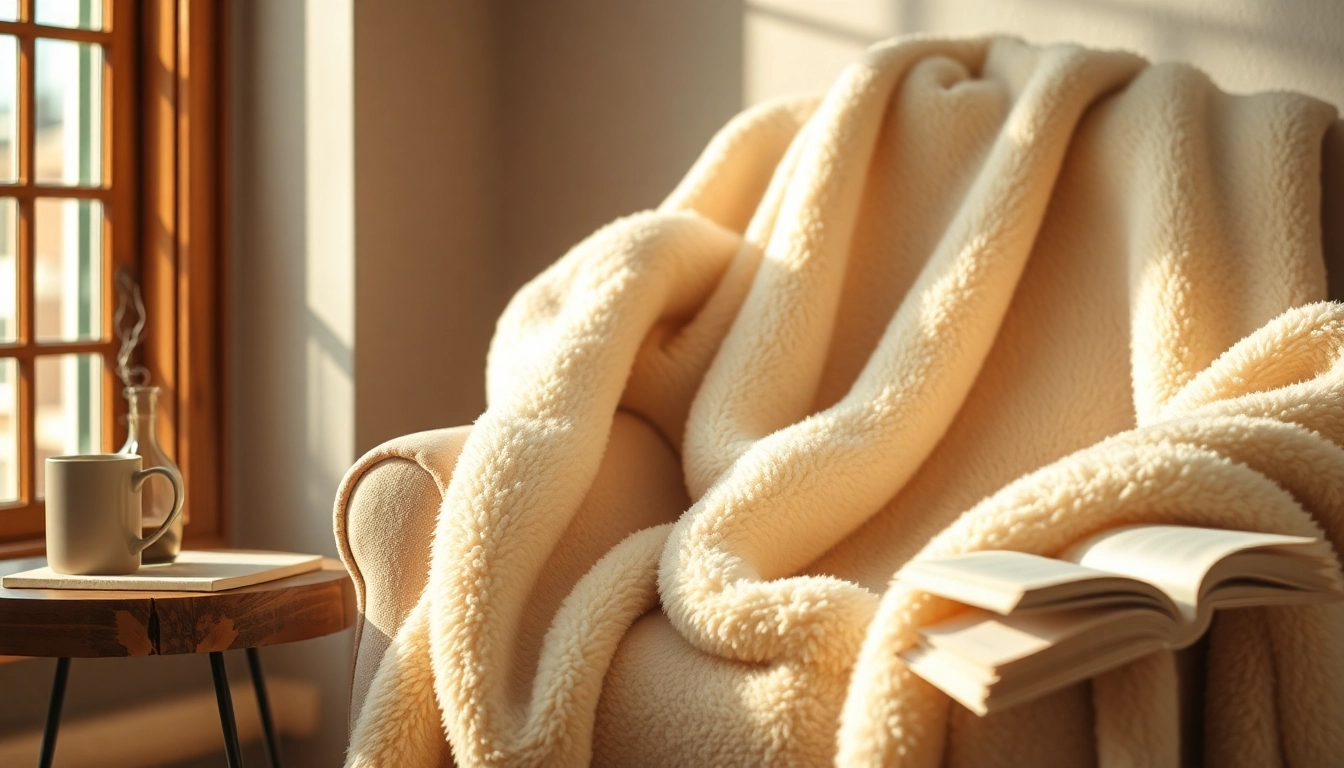 Fleece stof getoond in een gezellige woonkamer met warme tinten en zachte texturen.