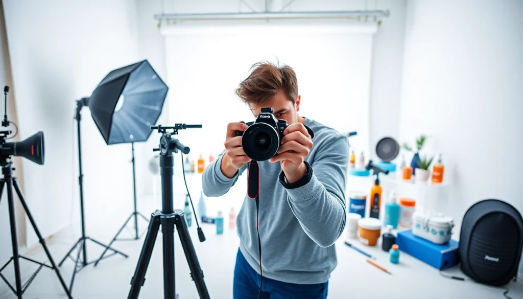 Fotografo di Prodotti in azione mentre scatta foto professionali in uno studio moderno.