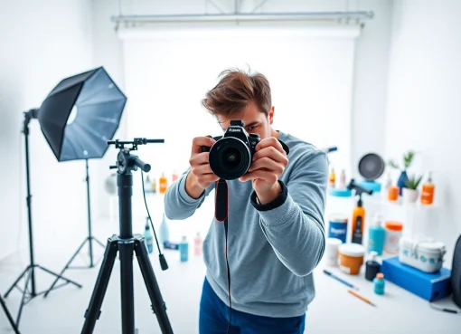 Fotografo di Prodotti in azione mentre scatta foto professionali in uno studio moderno.