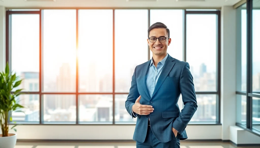 Real Estate agent showcasing property listings with modern tech in a bright office