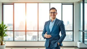 Real Estate agent showcasing property listings with modern tech in a bright office