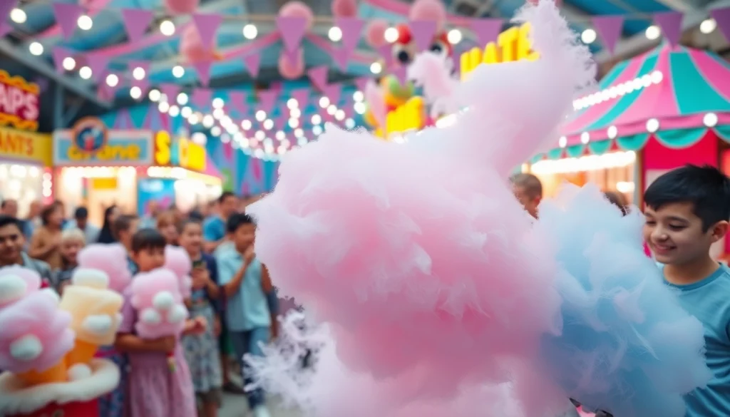 Maak heerlijke wafel katoen met een kleurrijke machine op een levendig kermisfeest.