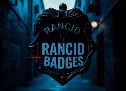 Engaging book cover for Rancid Badges featuring a cracked police badge and dark urban setting.