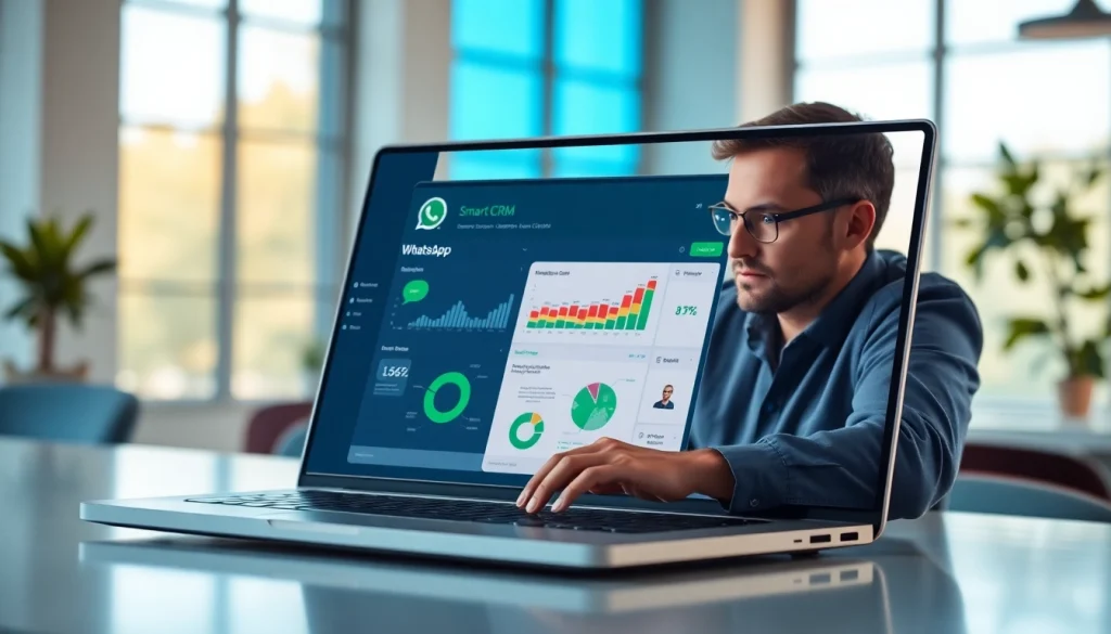 Showcase of WhatsApp Smart CRM interface on a laptop in an energetic office environment.