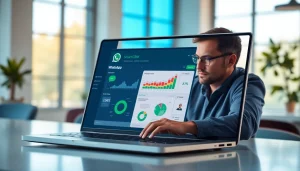 Showcase of WhatsApp Smart CRM interface on a laptop in an energetic office environment.