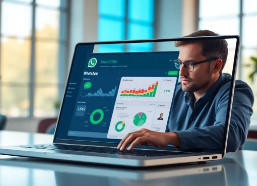 Showcase of WhatsApp Smart CRM interface on a laptop in an energetic office environment.