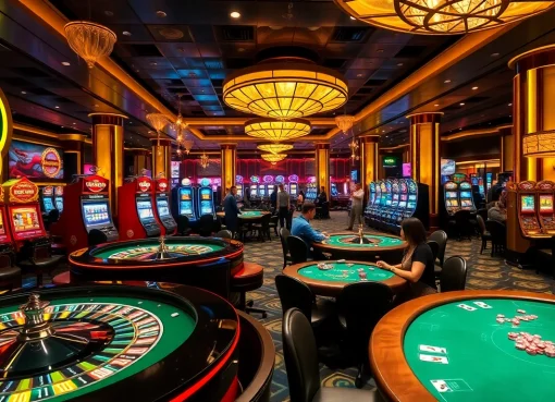 Exciting gaming action at https://thabet.vegas/ showcasing luxury casino elements with roulette, slots, and enthusiastic players.