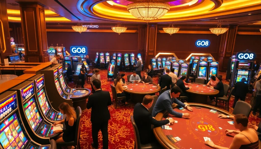 Players engaged in high-stakes gambling at a GO8-themed casino floor with luxury decor.