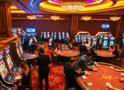 Players engaged in high-stakes gambling at a GO8-themed casino floor with luxury decor.