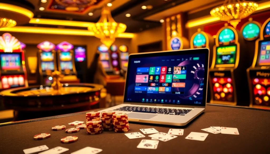 Experience the thrill of gaming at Trang chủ OK8386 with an elegant casino setting featuring poker and roulette.