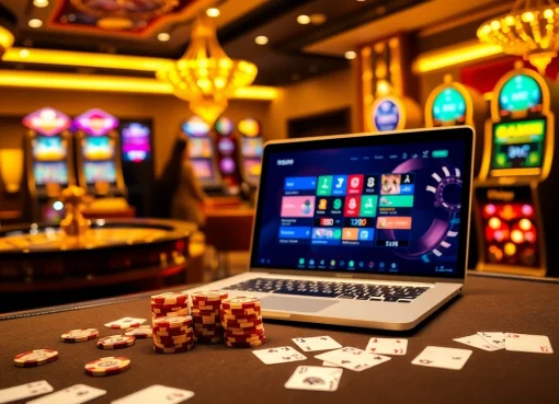Experience the thrill of gaming at Trang chủ OK8386 with an elegant casino setting featuring poker and roulette.