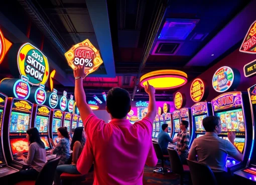 Engaging slot hoki gaming scene with vibrant slot machines and enthusiastic players in a lively casino environment.