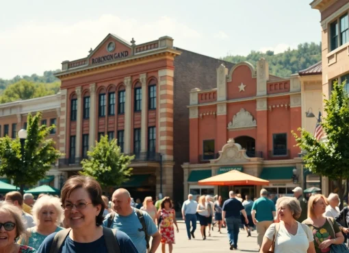 Residents enjoying community activities in Clarksburg, featuring historic architecture.